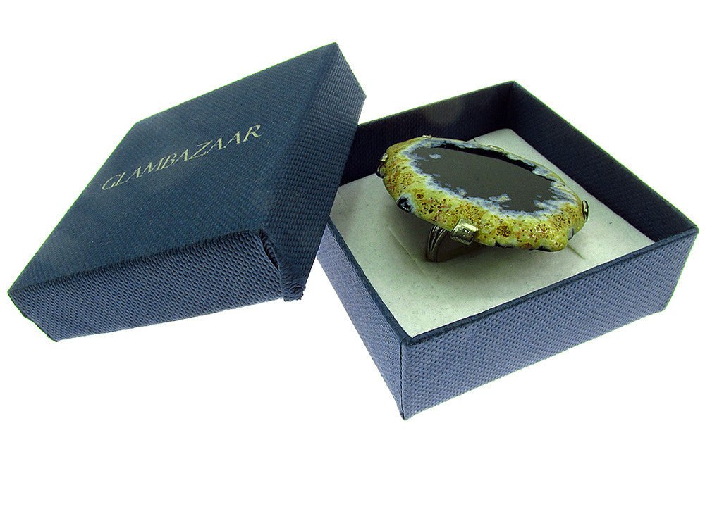 Inel reglabil statement masiv cu agat negru natural 12A - GlamBazaar.ro