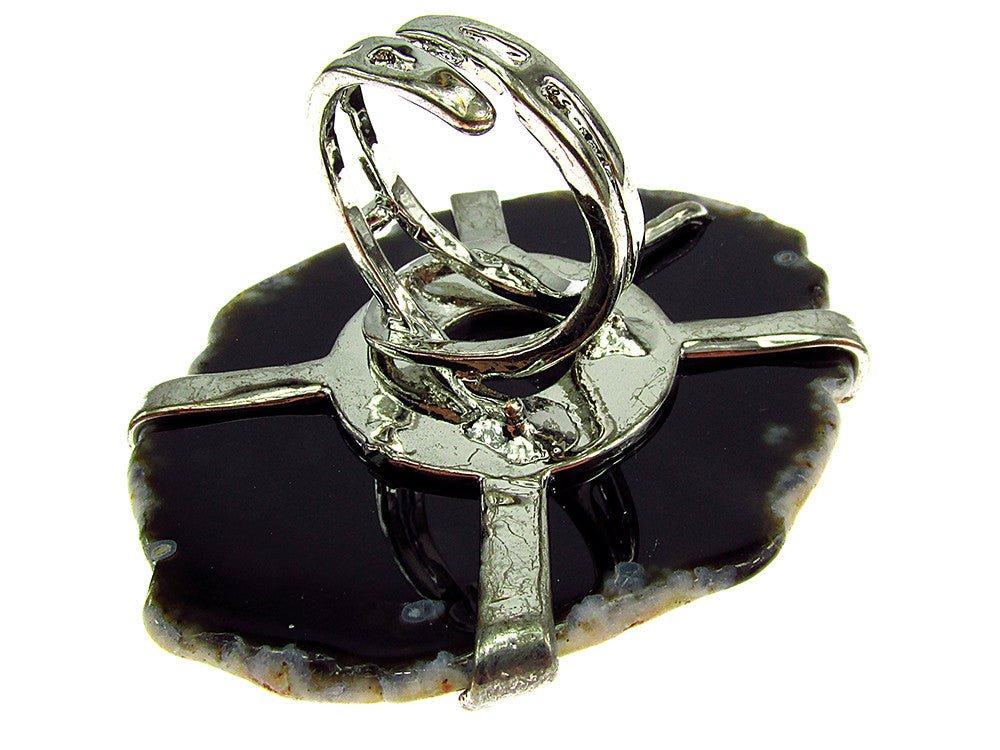 Inel reglabil statement masiv cu agat negru natural 12A - GlamBazaar.ro