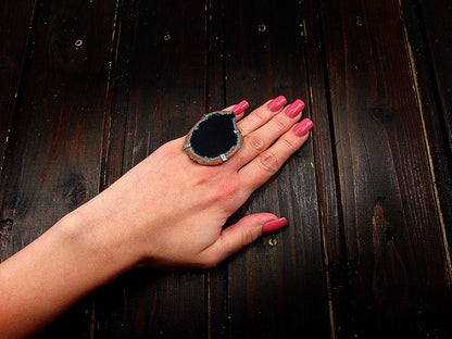 Inel reglabil statement masiv cu agat negru natural 17A - GlamBazaar.ro