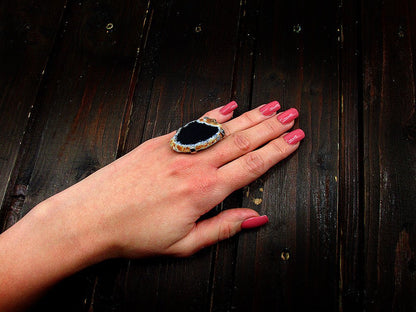 Inel reglabil statement masiv cu agat negru natural 19A - GlamBazaar.ro