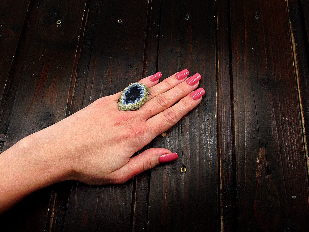 Inel reglabil statement masiv cu agat negru natural 4A - GlamBazaar.ro