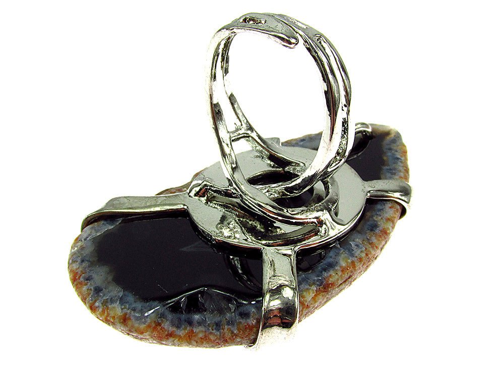 Inel reglabil statement masiv cu agat negru natural 6A - GlamBazaar.ro