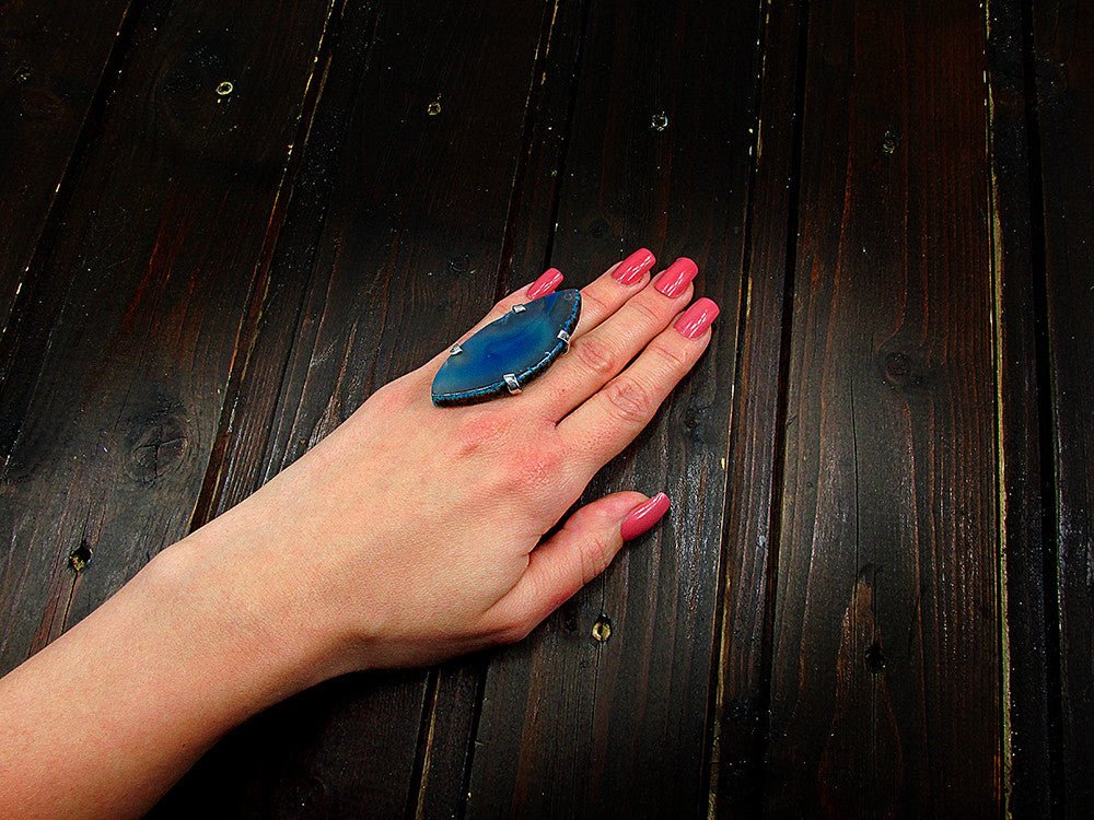 Inel reglabil statement masiv cu agat turcoaz natural 5A - GlamBazaar.ro