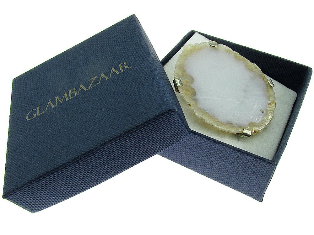 Inel reglabil statement masiv cu agata alba naturala D - GlamBazaar.ro