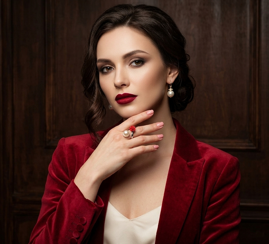 Inel argint reglabil cu perla oranj de cultura si trandafir coral