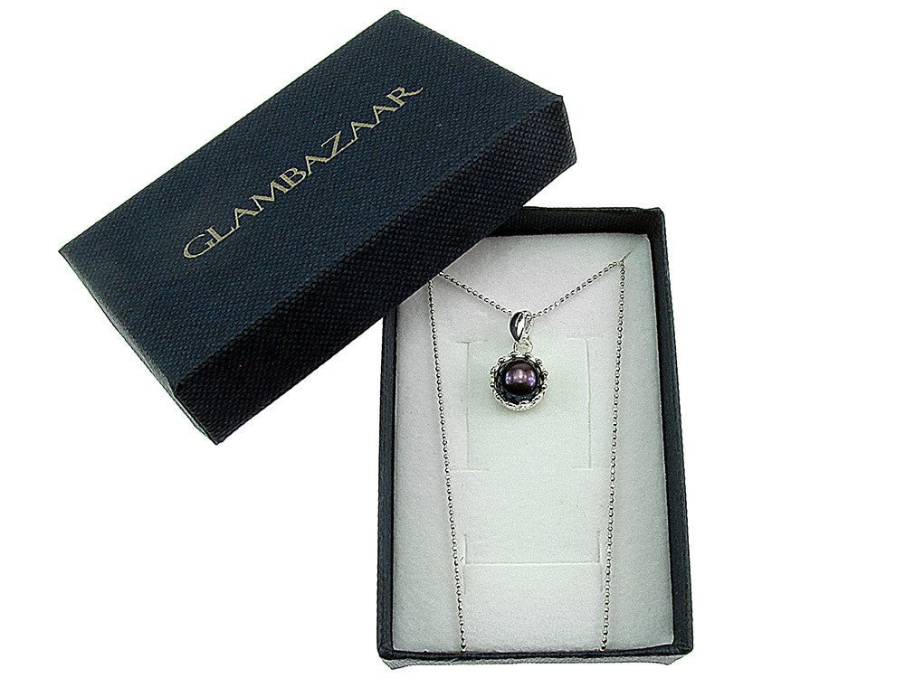 Lantisor argint cu pandantiv coroana perla de cultura neagra 8 MM - GlamBazaar.ro