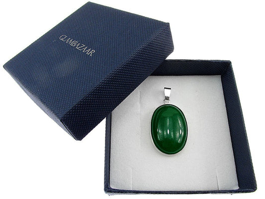 Pandantiv argint mare cu agata verde naturala 25x18 MM - GlamBazaar.ro