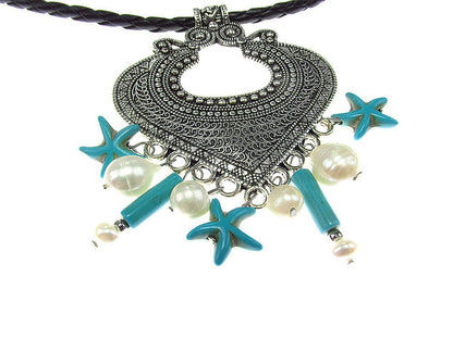 Pandantiv retro Heart cu perle de cultura si turcoaze - GlamBazaar.ro