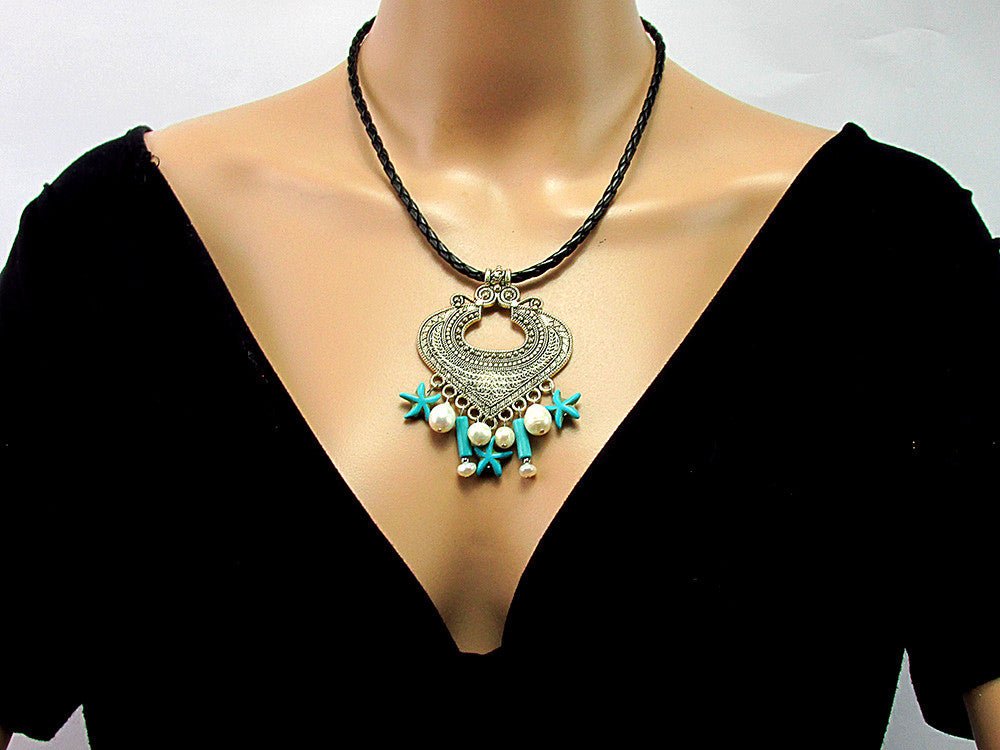 Pandantiv retro Heart cu perle de cultura si turcoaze - GlamBazaar.ro