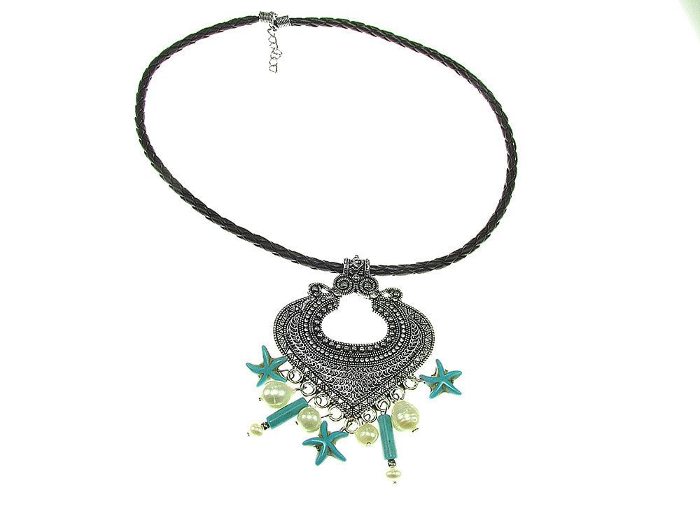 Pandantiv retro Heart cu perle de cultura si turcoaze - GlamBazaar.ro