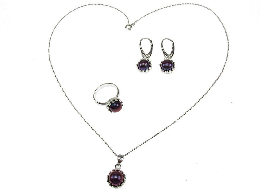 Set argint complet model coroana cu perle de cultura negre - GlamBazaar.ro