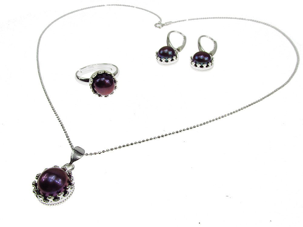 Set argint complet model coroana cu perle de cultura negre - GlamBazaar.ro