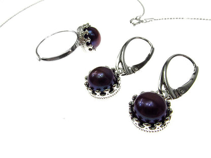 Set argint complet model coroana cu perle de cultura negre - GlamBazaar.ro