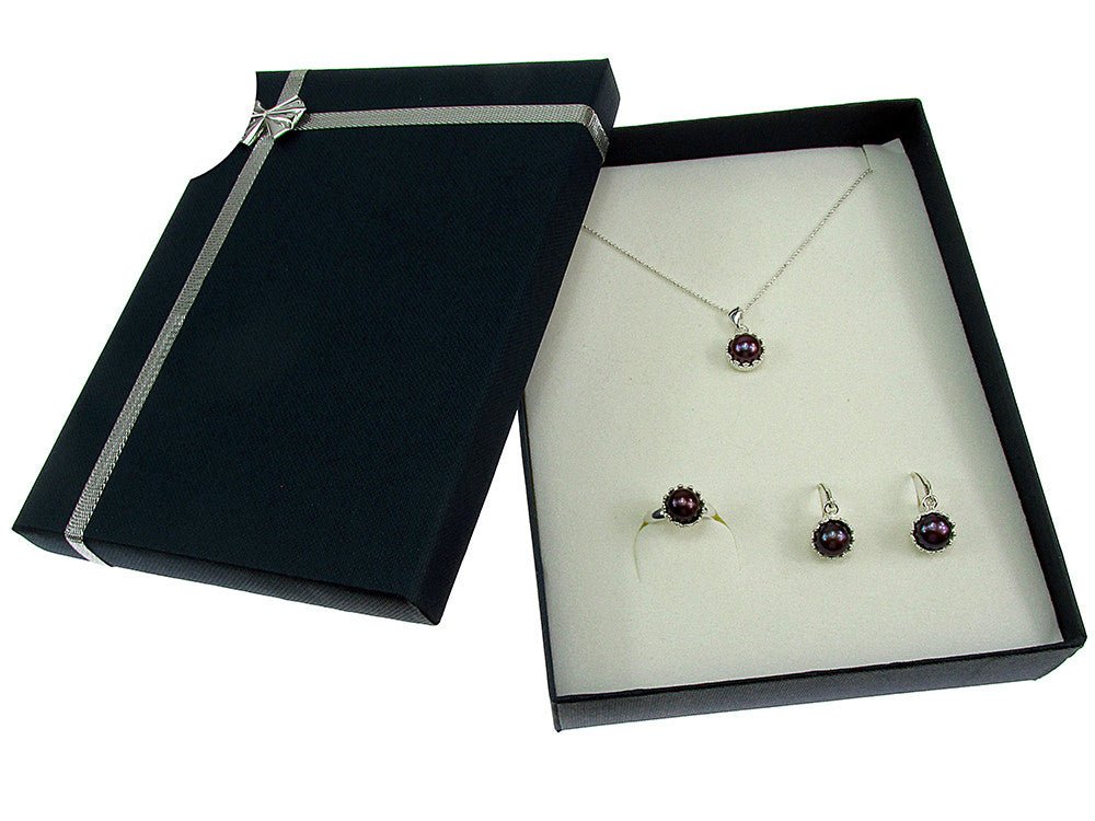 Set argint complet model coroana cu perle de cultura negre - GlamBazaar.ro