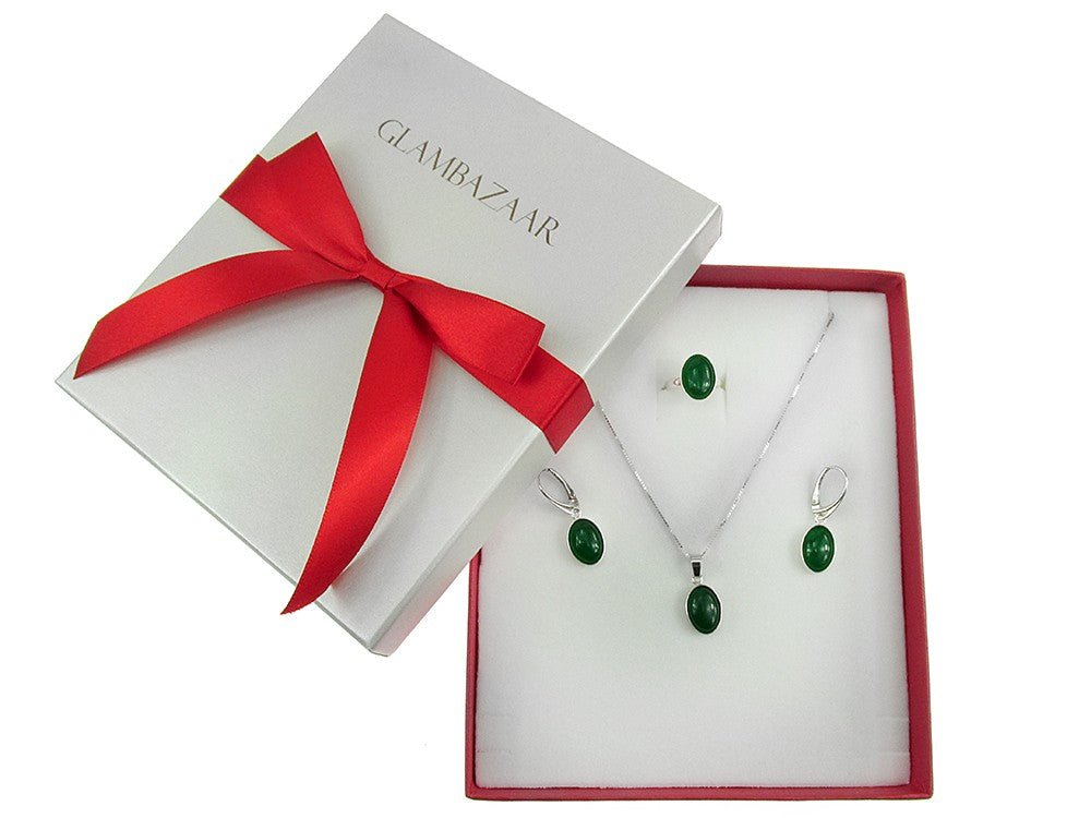 Set argint cu agate verzi 14x10 MM si lantisor inclus - GlamBazaar.ro