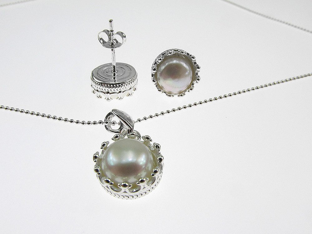 Set argint model coroana cu perle de cultura albe - GlamBazaar.ro