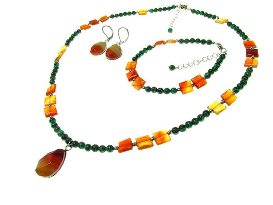 Set bijuterii dama carneol si malachit - GlamBazaar.ro